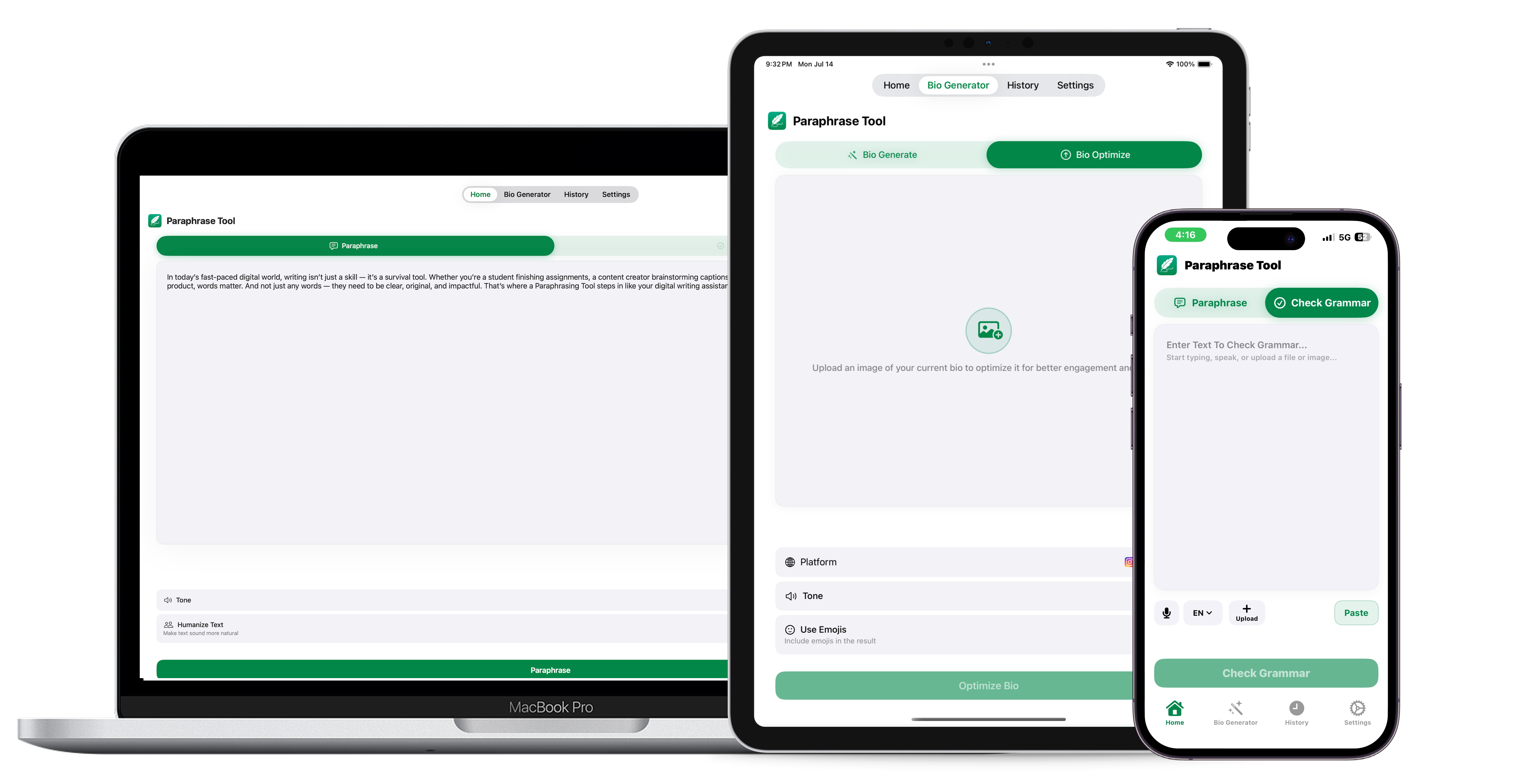 paraphrase tool app interface showing paraphrase tool